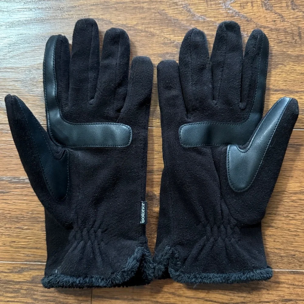 Isotoner Water Repellant Fleece Touchscreen Gloves, Black with Palm Patch